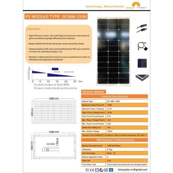 TẤM PIN NĂNG LƯỢNG MẶT TRỜI MỚI 9bb MONO CHÍNH HÃNG SOLARFANCY 100W( tặng kèm jackmc4) 5.0