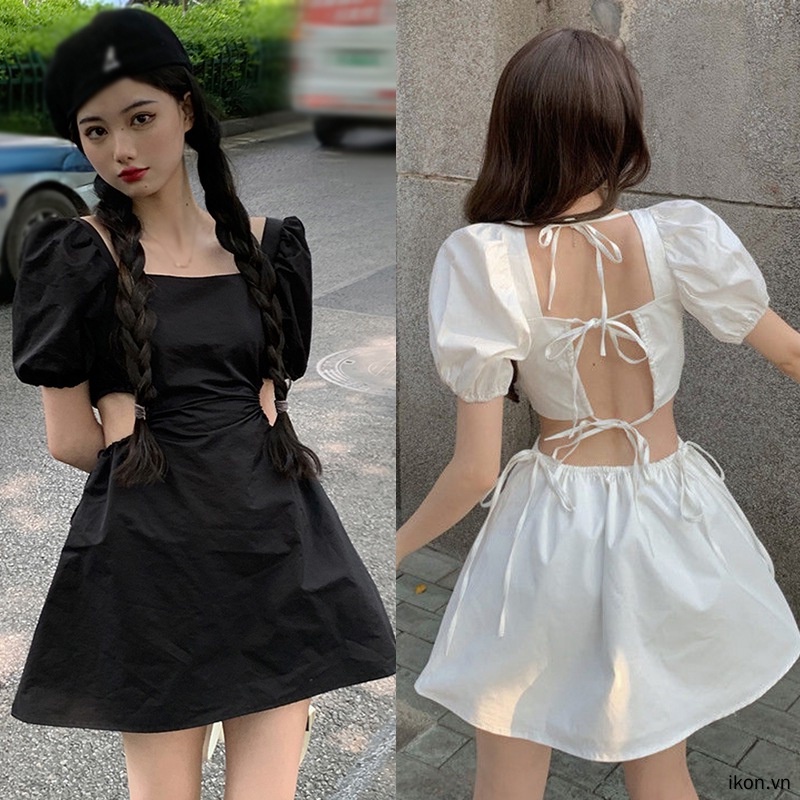 Đầm Mini Cổ Vuông Tay Phồng Màu Trơn Thời Trang Cho Nữ