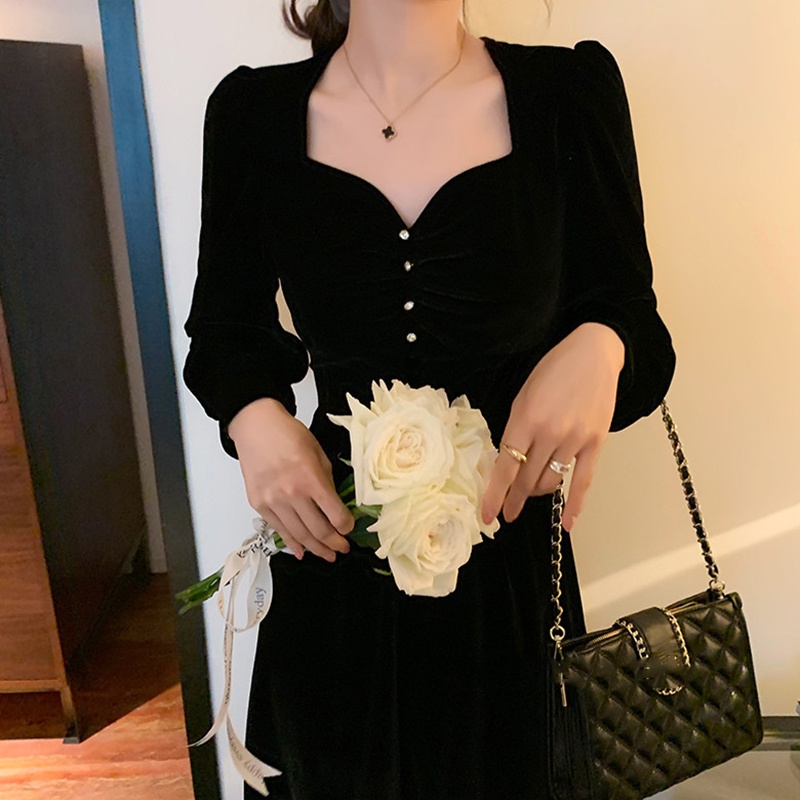 Đầm dài bằng vải nhung màu đen phong cách Pháp Hepburn cổ điển IELGY