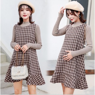 Đầm Bầu Thu Đông - Sét Yếm Dạ Đuôi Cá Kẻ Caro