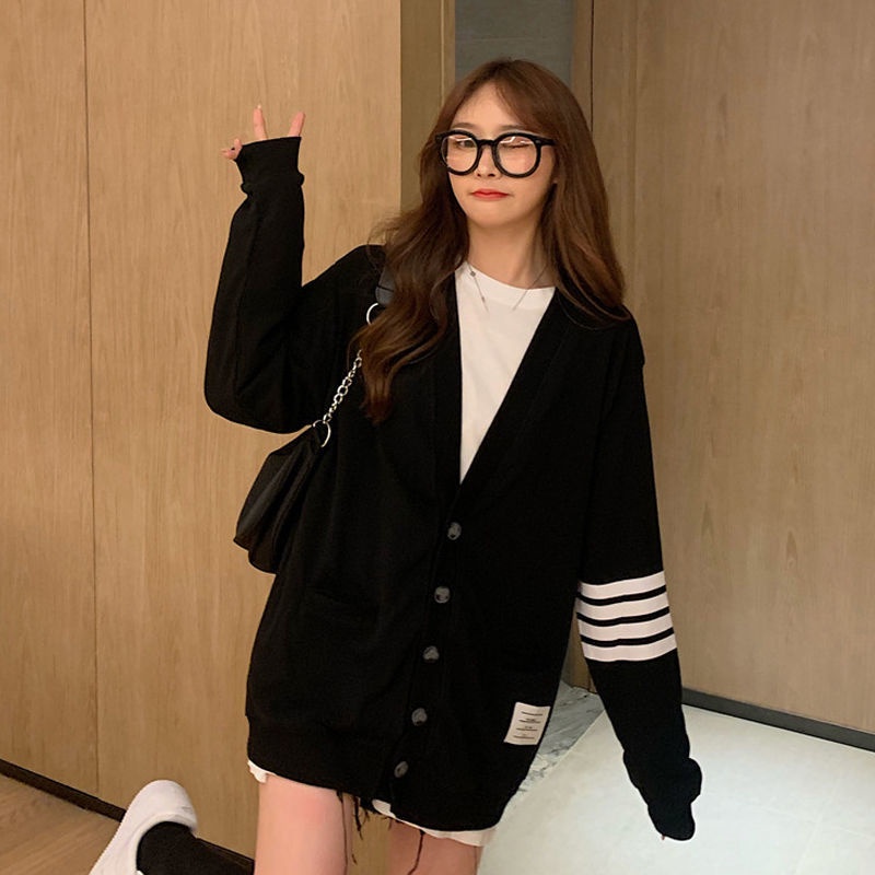 Áo Khoác Cardigan Sọc Ngang Đen / Xám Thời Trang Hàn Quốc Cho Nữ