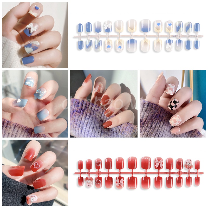 [Hàng mới về] Bộ 24 móng tay giả đính nơ họa tiết bầu trời xanh thời trang<br>