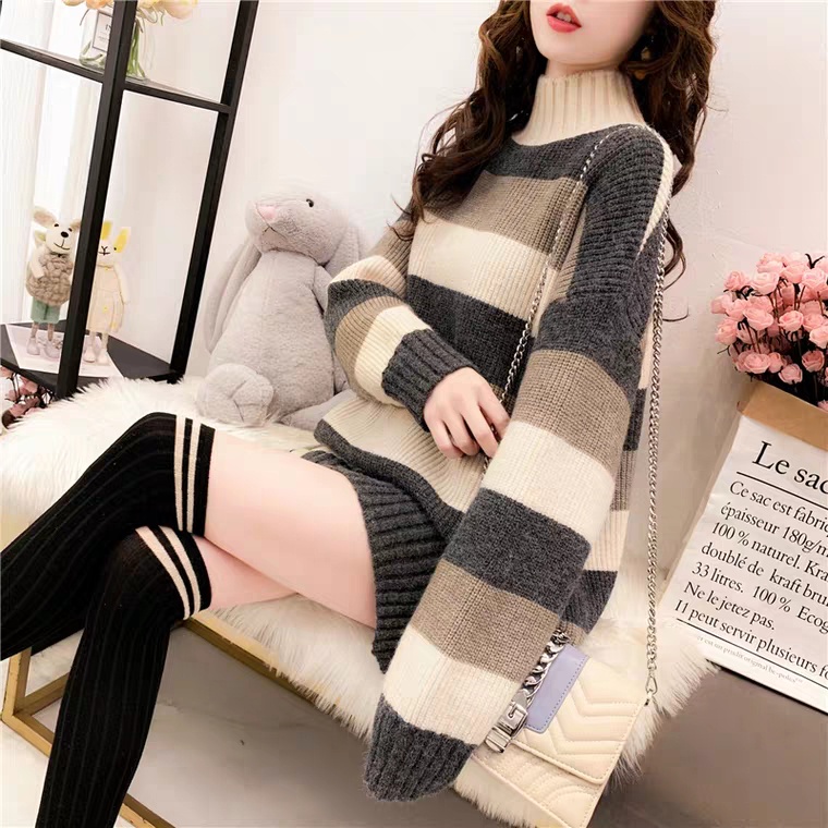 Áo len RENJIANVSHENG tay dài cổ lọ form rộng thời trang vintage