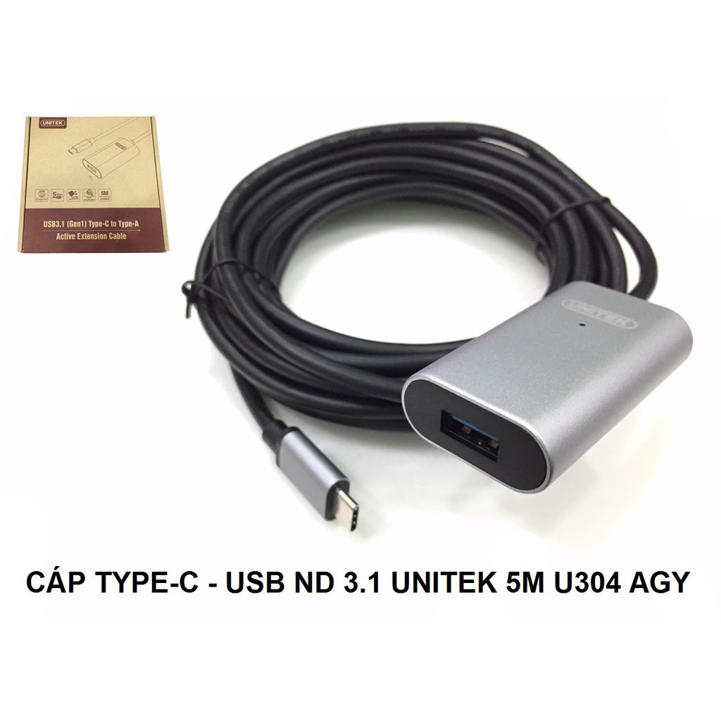 Cáp chuyển typeC sang USB đầu cái Unitek U 304 AGY dài 5m chuẩn USB 3.1 (GEN1) Type C sang Type A