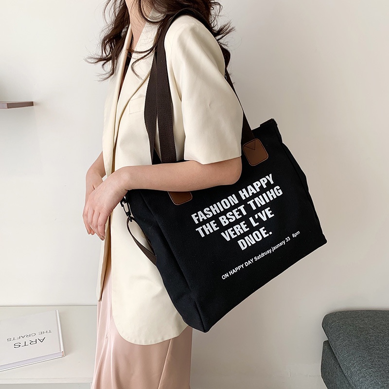 Túi Đeo Vai Vải Canvas Cỡ Lớn Kiểu Hàn Quốc Dễ Phối Đồ Cho Nữ