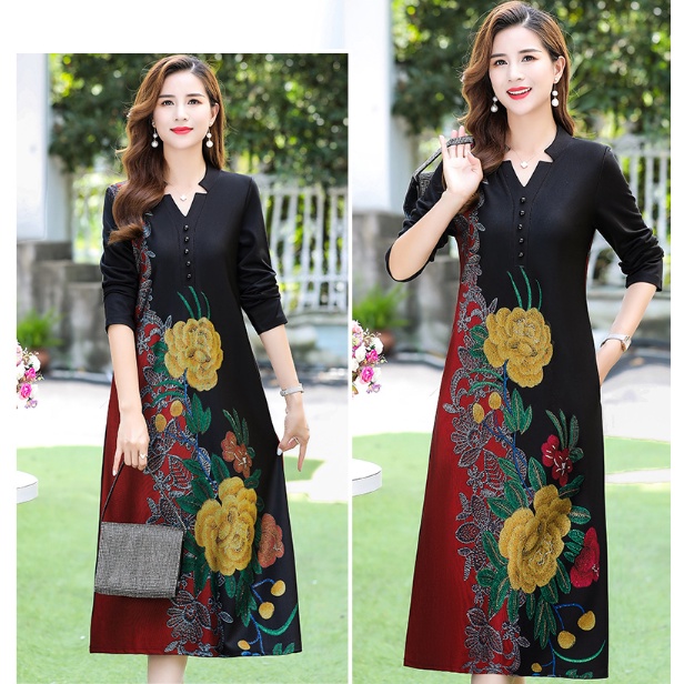 Đầm Chữ A Tay Dài Cổ Chữ V Dáng Rộng In Họa Tiết Cổ Điển Có Size Lớn Dành Cho Nữ Trung Niên