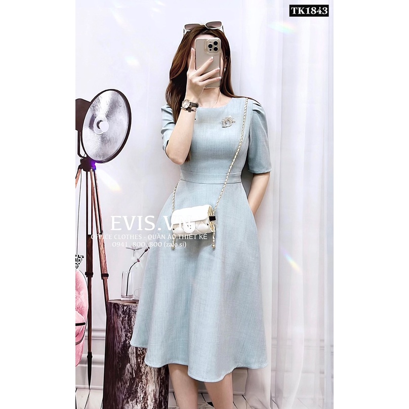 Đầm Xoè Xám Xanh Dáng Dài Công Sở Tặng Kèm Cài TK1843