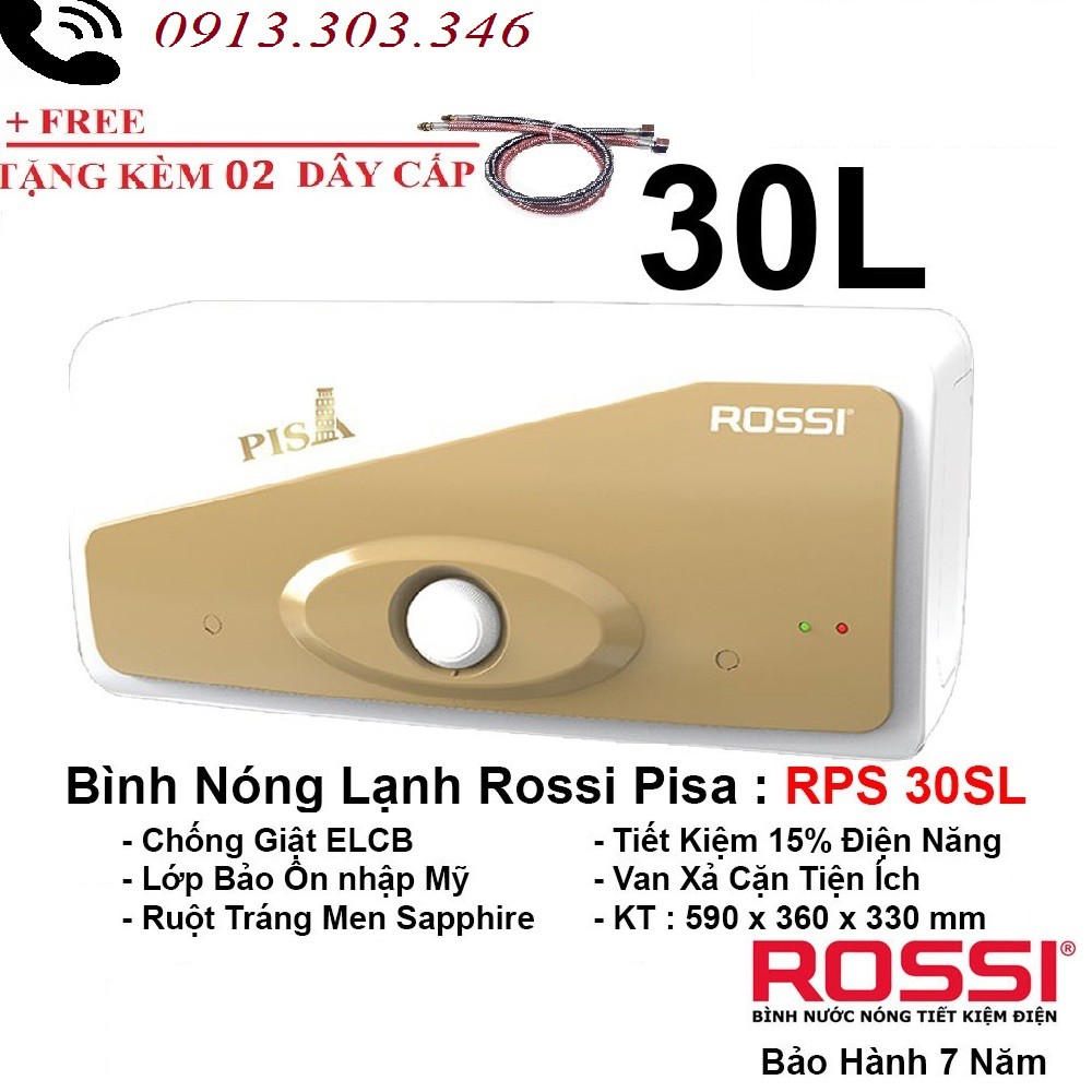 Bình nóng lạnh gián tiếp Rossi Pisa 30 LÍT NGANG, chính hãng, bảo hành 7 năm toàn quốc, tân á đại thành