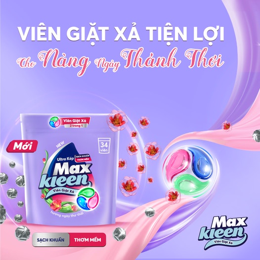 MAXKLEEN- Viên giặt xả 2 trong 1 mới với tính năng đột phá túi 34 viên cho cả ngày dài thơm mát.