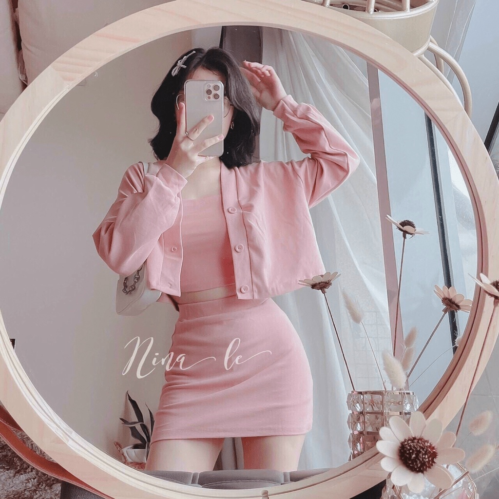 Set 3 món, váy body áo 2 dây croptop kèm cadigan dài tay dáng ôm ngắn siêu d