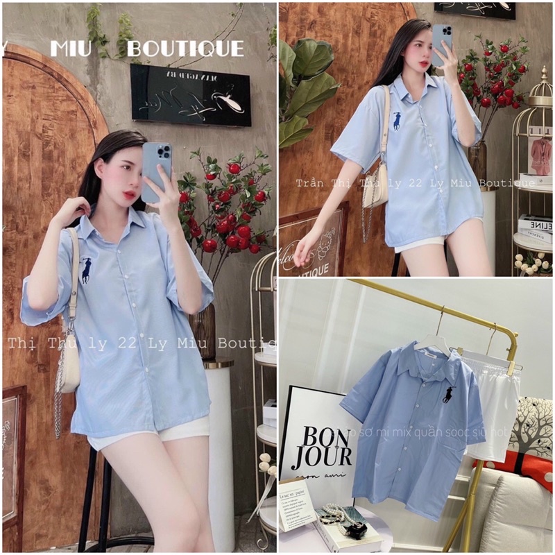 Sét bộ áo sơ mi cộc tay thêu hoạ tiết một màu kèm quần shorts đùi trắng FREE SIZE, Bộ cộc nữ from rộng unisex