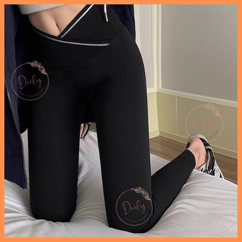 Quần Legging Nữ Cạp Chéo Xuất Hàn Viền Kẻ Gen Bụng Ôm Mông Chất Umi Hàn Siêu Hack Dáng Daily