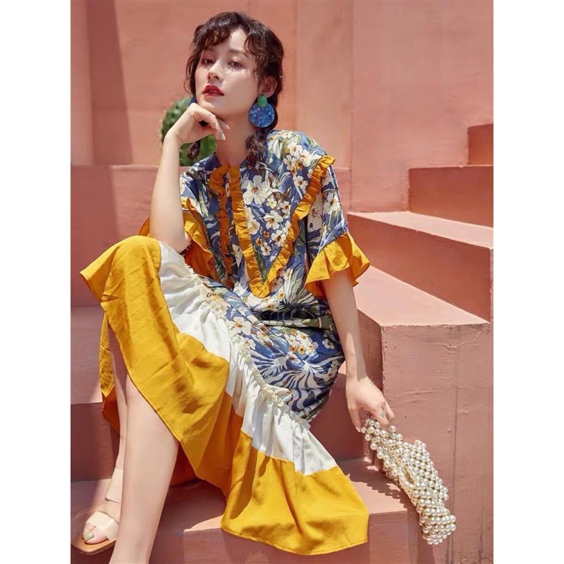 Váy đầm boho hoa thổ cẩm đuôi cá phối bèo tiểu thư Pháp retro vintage váy đầm bầu hoa lá xanh mẹ và bé
