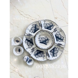 Bộ bát đĩa hoa mặt trời men rạn giả cổ Bát Tràng - Bộ mâm cúng gia tiên Bát Tràng