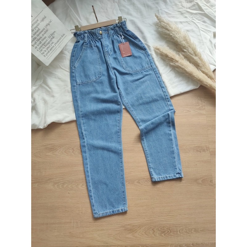 Quần baggy jean lưng siêu cao phối thun mã 321, hình thật ảnh sàn