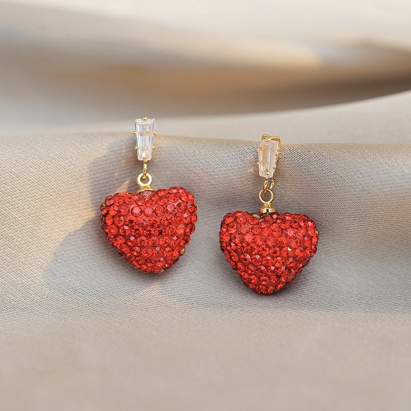 Bông Tai Hình Trái Tim Đỏ Đính Đá Sang Trọng Dành Cho Nữ