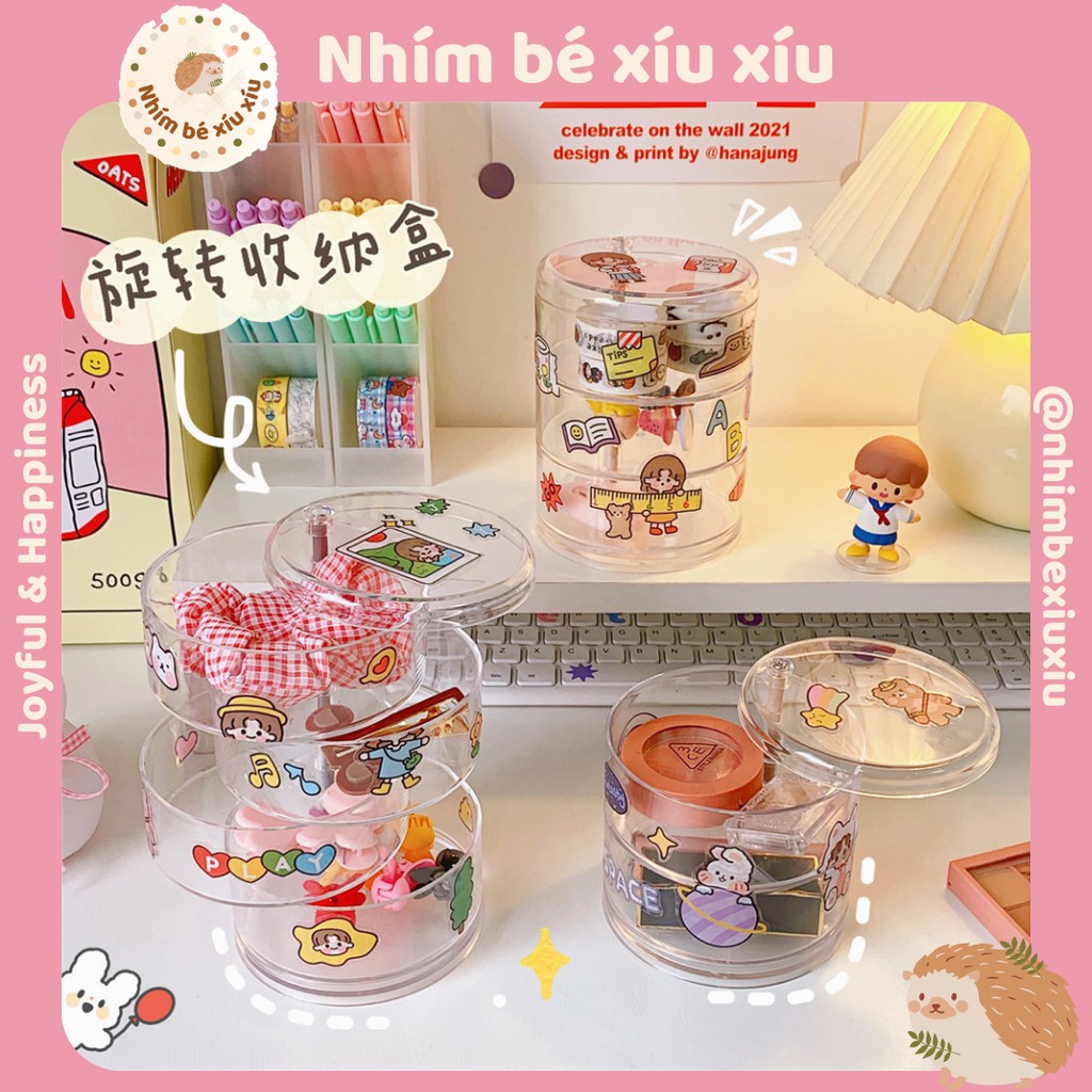 Tủ nhựa dạng khay tròn xoay trong suốt nhiều tầng đựng washi tape/phụ kiện trang trí