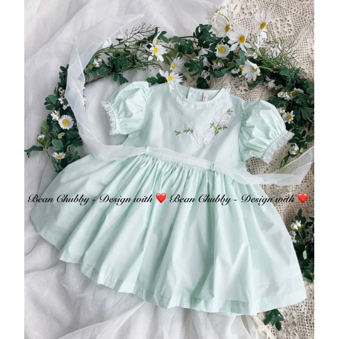 Đầm thô Hàn Quốc baby doll xanh mint pastel phối ren 1-10y