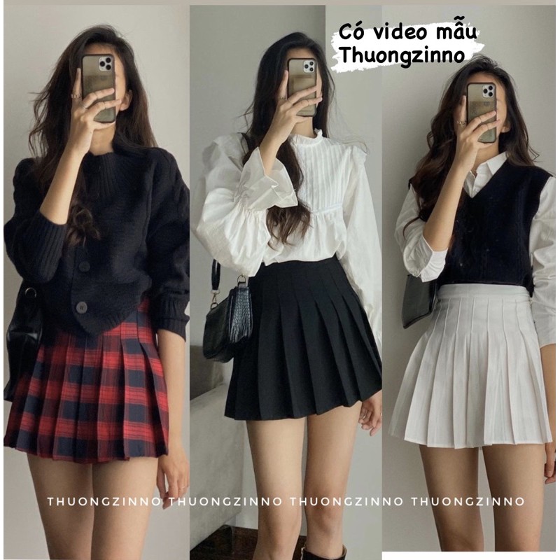 [Ảnh thật/Video]Chân váy tenis trơn/kẻ hàng Quảng Châu chân váy xếp li phong cách nữ sinh Hàn Quốc