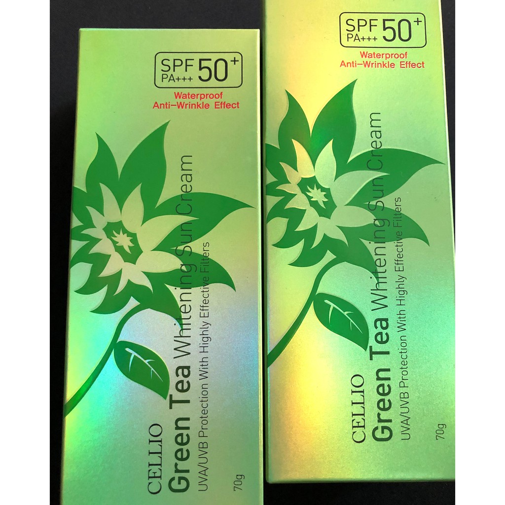 KEM CHỐNG NẮNG TRÀ XANH CELLIO GREEN TEA WHITENING SUN CREAM SPF 50+ PA+++ WATERPROOF ANTI-WRINKLE EFFECT 70G