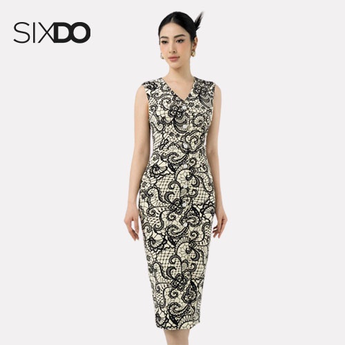 Đầm sát nách be họa tiết đen  SIXDO