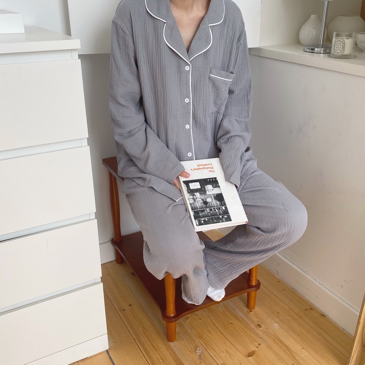 Đồ ngủ vải xô muslin cho cặp đôi màu xanh ulzzang