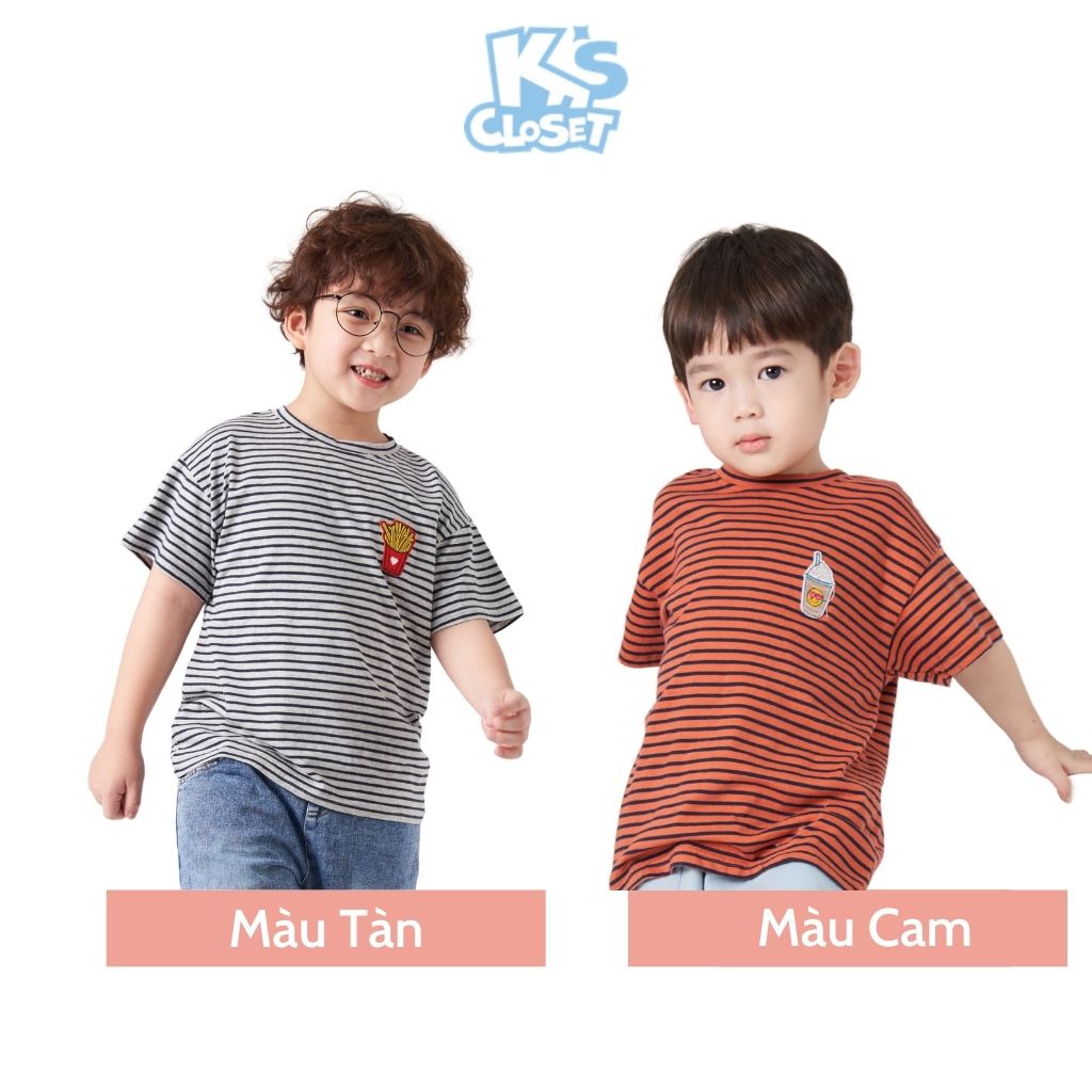 Áo phông cộc tay trẻ em K'S CLOSET sọc kẻ ngang, có hoạ tiết hình nổi trước ngực KT68TWS
