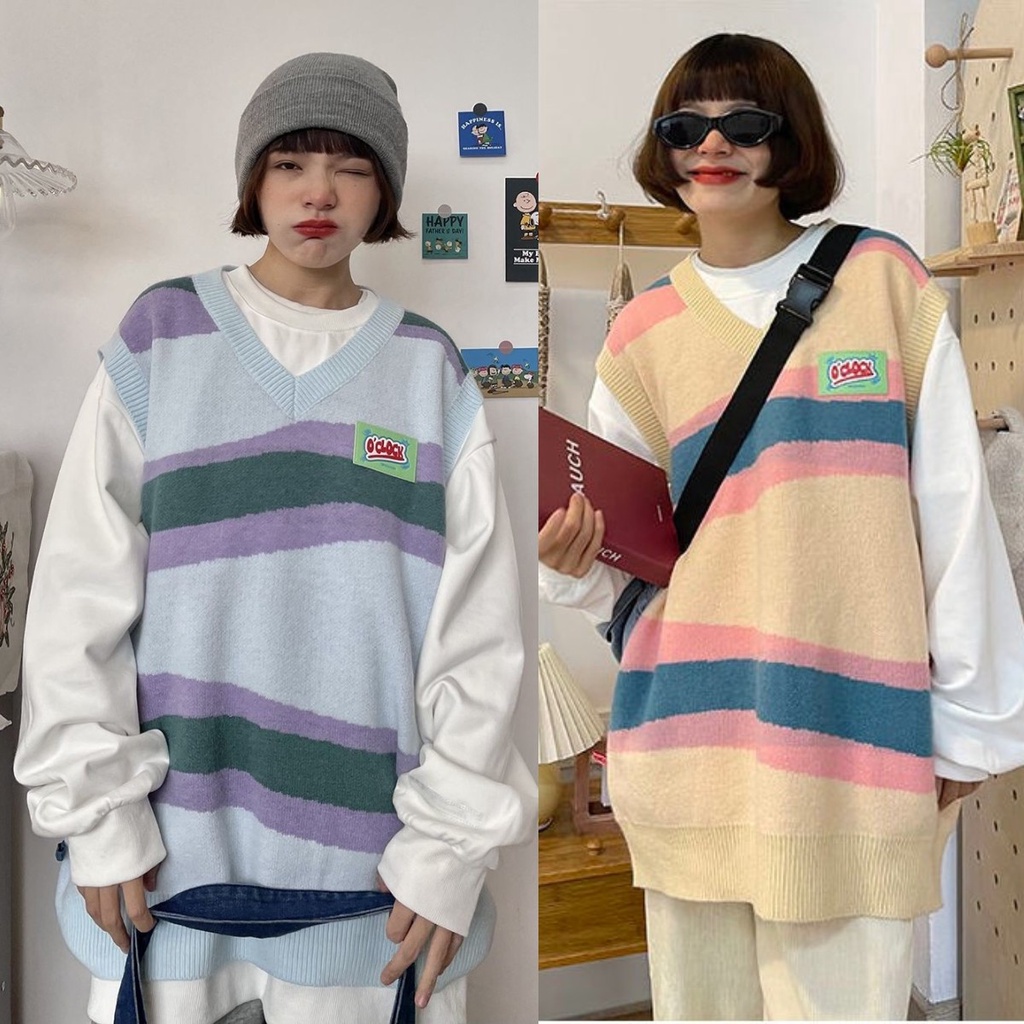 Thời Trang Áo Len Dệt Kim Không Tay Dáng Rộng Phối Màu Tương Phản Phong Cách Hàn Quốc