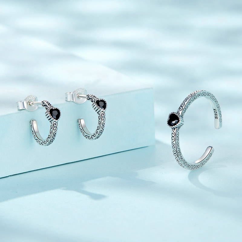 Bộ trang sức BAMOER bạc 925 đính đá zircon đen phong cách cổ điển thời trang dành cho nữ