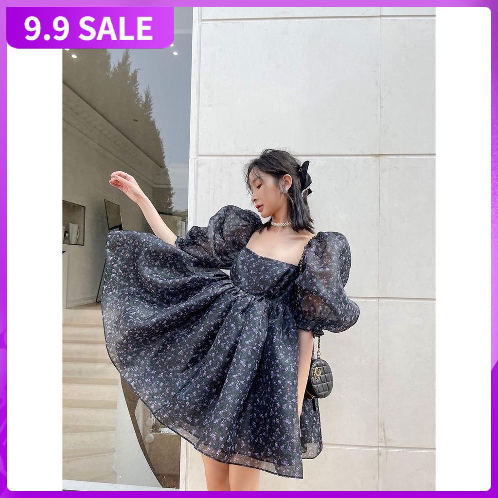 Organza fluffy floral dress women's summer retro fashion palace style square neck bubble sleeve waist closing thin skirt