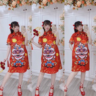 Đầm tết nữ,đầm dáng suông in hình 3D cổ tàu mẫu mới diện tết siêu xinh