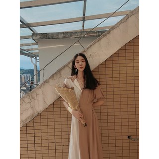 Đầm sơ mi hai màu thắt eo