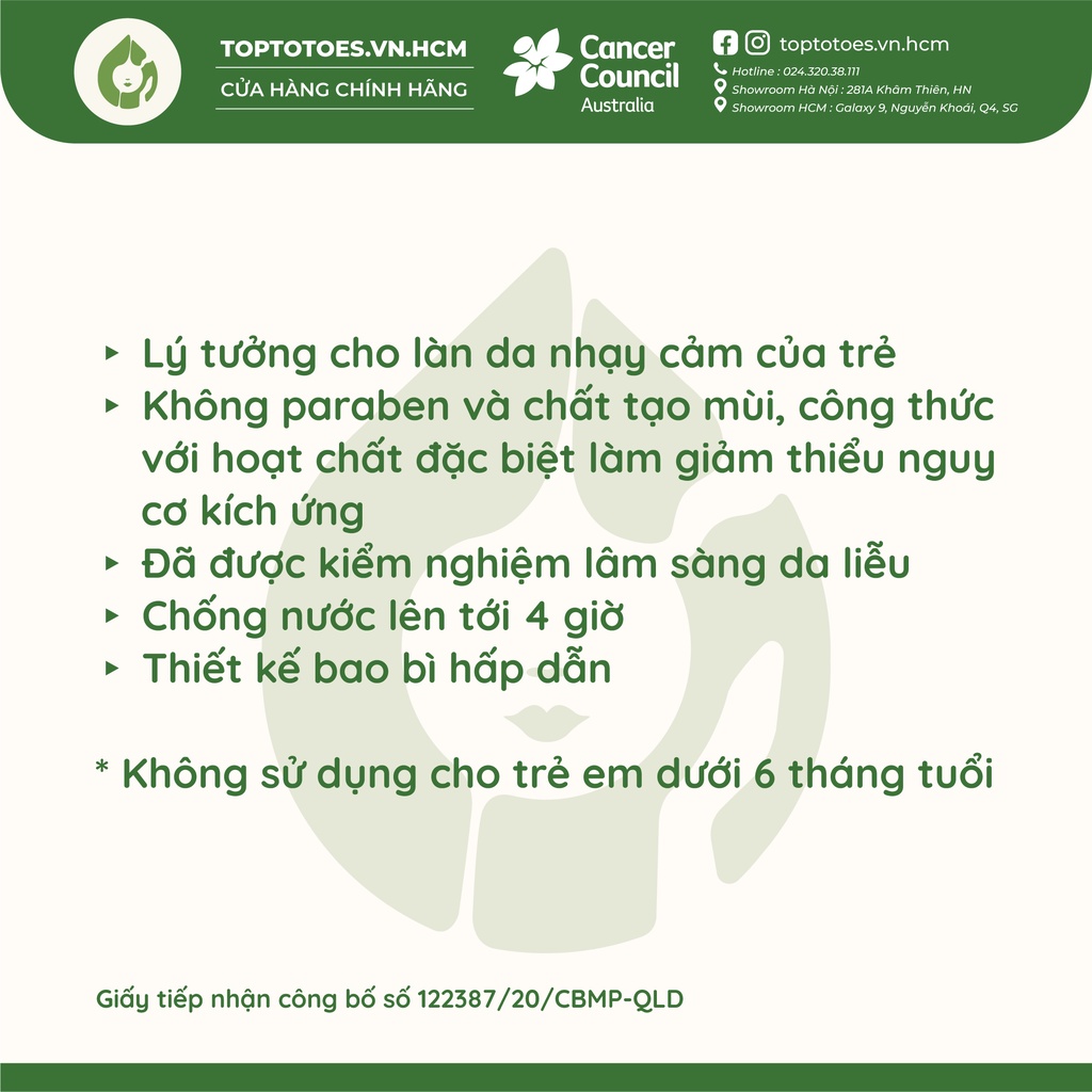 Kem chống nắng Trẻ em Cancer Council Kids SPF 50+/ PA ++++