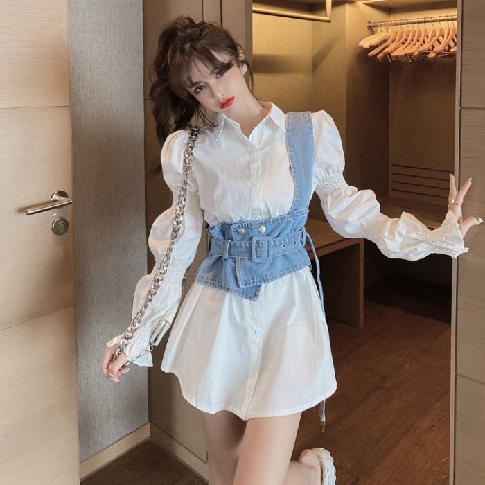 Set Áo Sơ Mi Dài Tay Kèm Váy Yếm Xinh Xắn Dành Cho Nữ