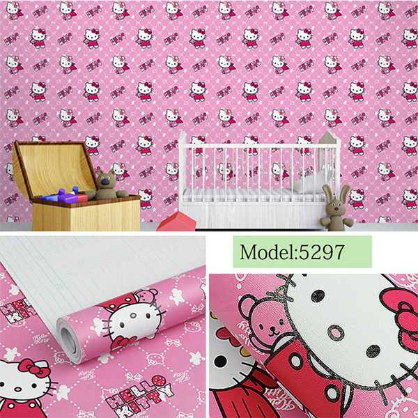 Giấy dán tường Hello Kitty khổ rộng 45cm có keo sẵn, Decal giấy dán tường Hello Kitty dễ thương - AZEVA