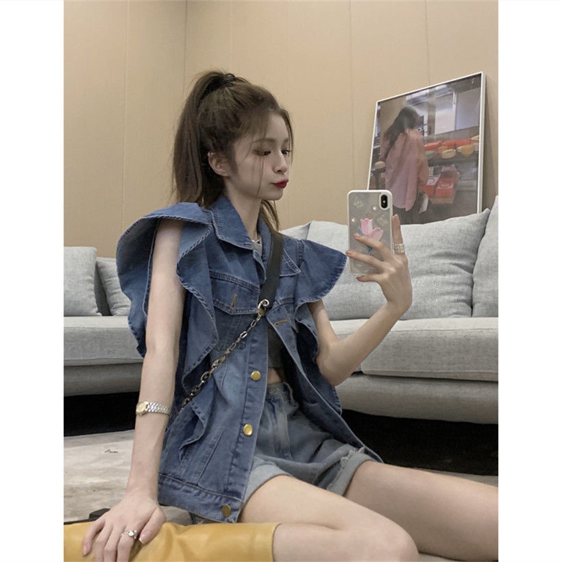Hàng Có Sẵn Đang Bán Áo Khoác Denim Không Tay Cổ Polo Khâu Bên Hông Thời Trang Dành Cho Nữ