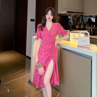 Đầm hoa cổ chữ v phối dây rút xẻ tà thời trang cá tính