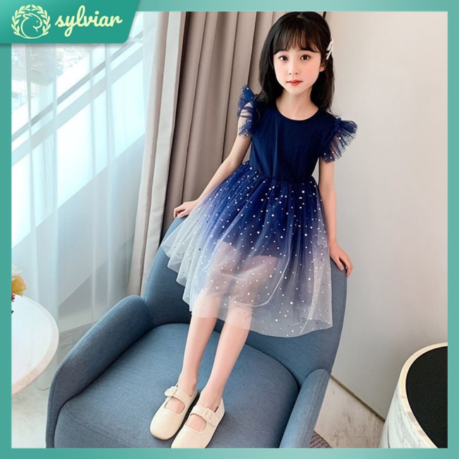 Đầm Công Chúa Tay Phồng Phối Lưới Màu Gradient In Họa Tiết Lấp Lánh Thời Trang Cho Bé Gái