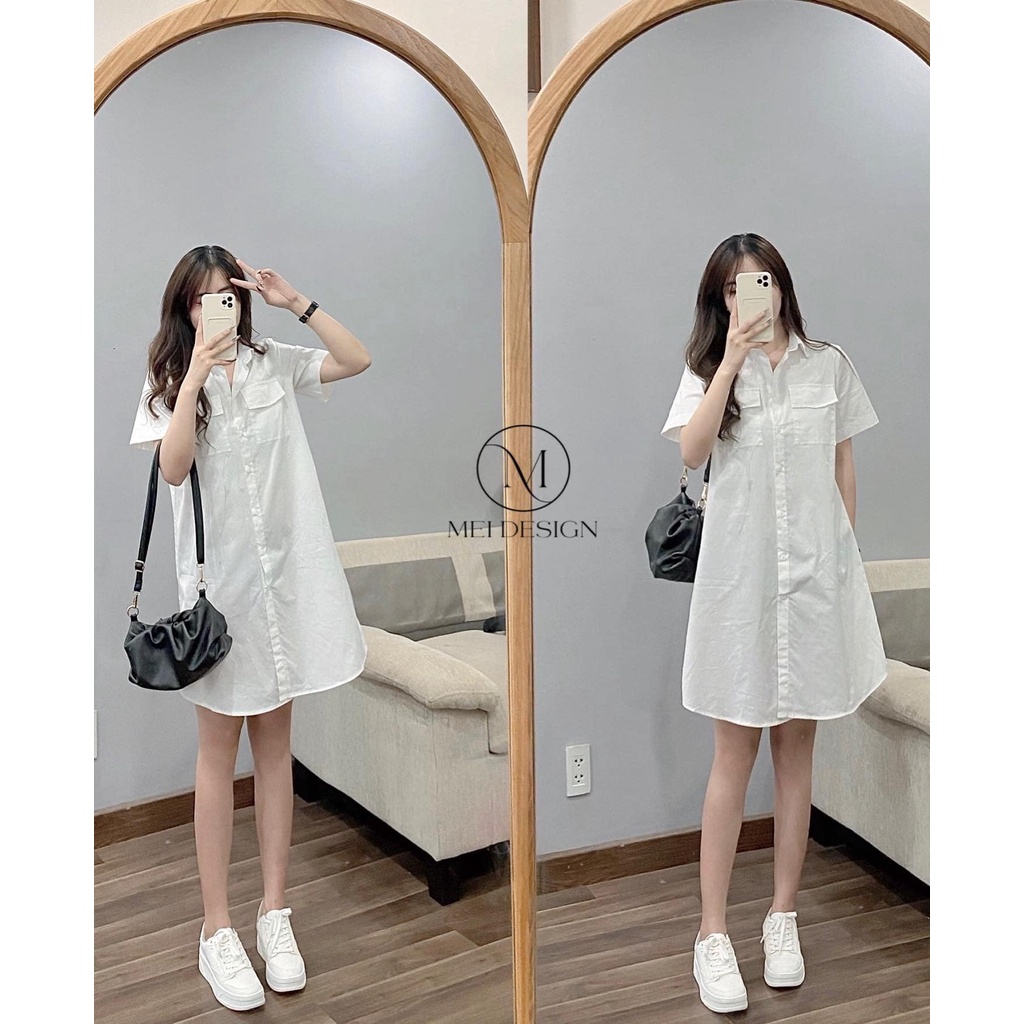 Váy đầm sơ mi trắng basic dáng suông phom rộng thoải mái năng động Mei Design V01