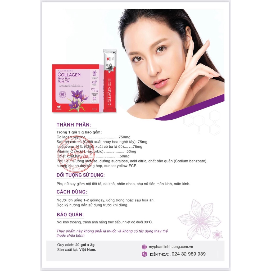 Collagen Nhụy Hoa Nghệ Tây Linh Hương Chiết Xuất Hạt Lựu Đỏ, Cỏ Ba Lá Đỏ Giúp Giảm Nếp Nhăn, Trắng Da