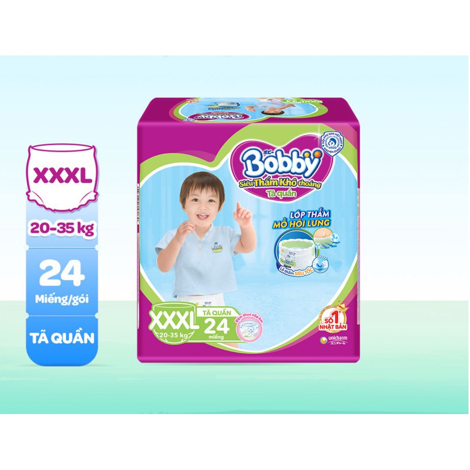 [MẪU MỚI] Tã Quần Bobby Size XXXL 24 miếng dành cho bé 20 đến 35 kg, Rãnh thấm Kim Cương