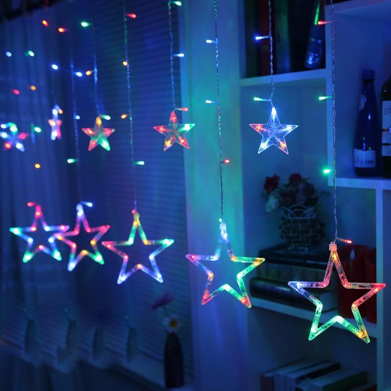 Bộ đèn led rèm thả 12 bóng hình ngôi sao, 6 bóng lớn và 6 bóng nhỏ, có jack nối tiếp chống nước cực tiện lợi