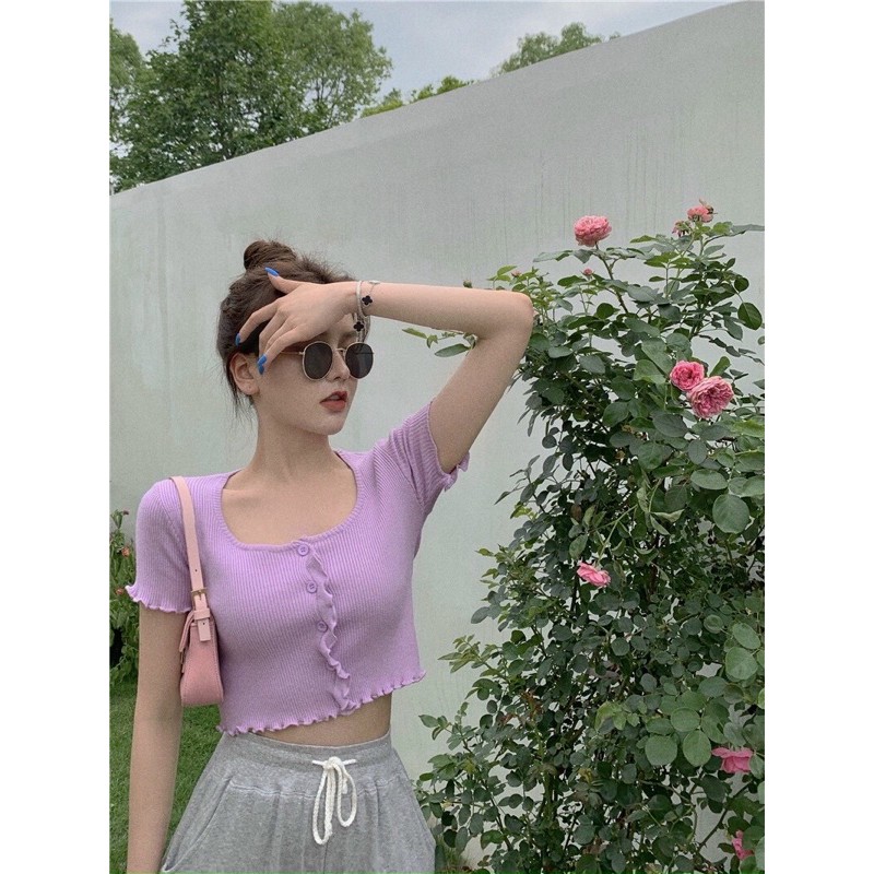 Áo croptop cổ vuông cuốn biên ôm body (3 màu)