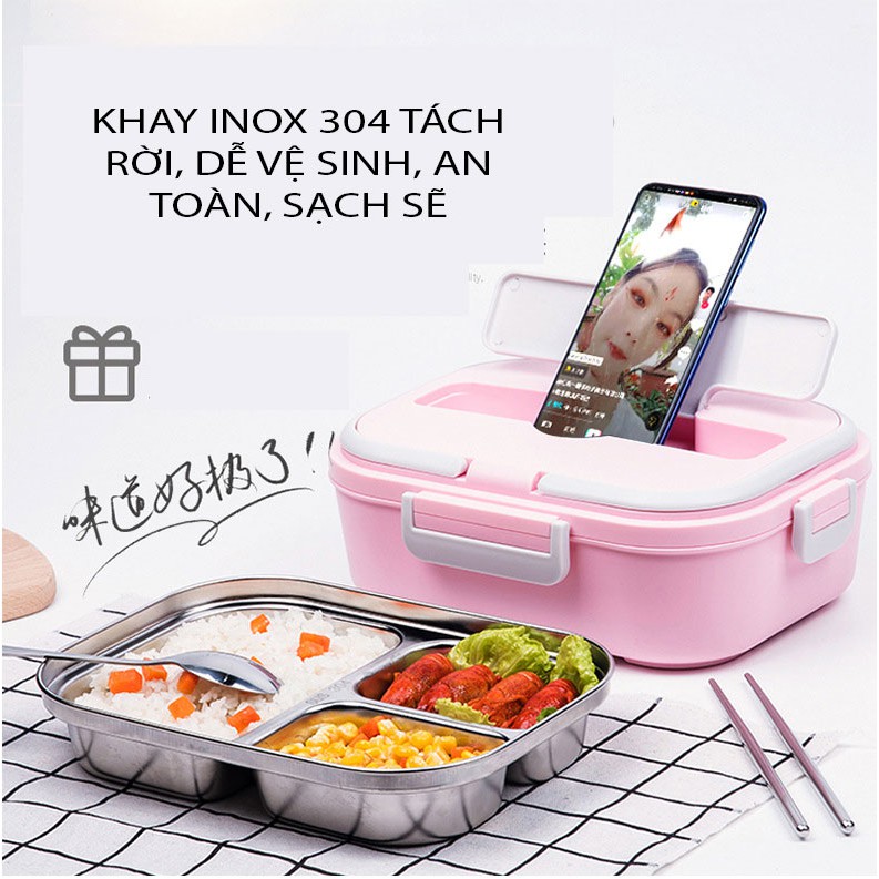 Hộp Cơm Hâm Nóng Giữ Nhiệt Cao - Khay 3 ngăn Inox 304, Tặng kèm túi đựng giữ nhiệt , thìa & đũa inox 304 và 2 túi là