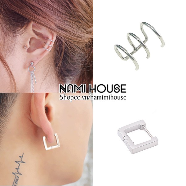Bông tai nam nữ kẹp vành tai và hình vuông mẫu mới phụ kiện trang sức unisex hot trend idol kpop khuyến mãi - nami house