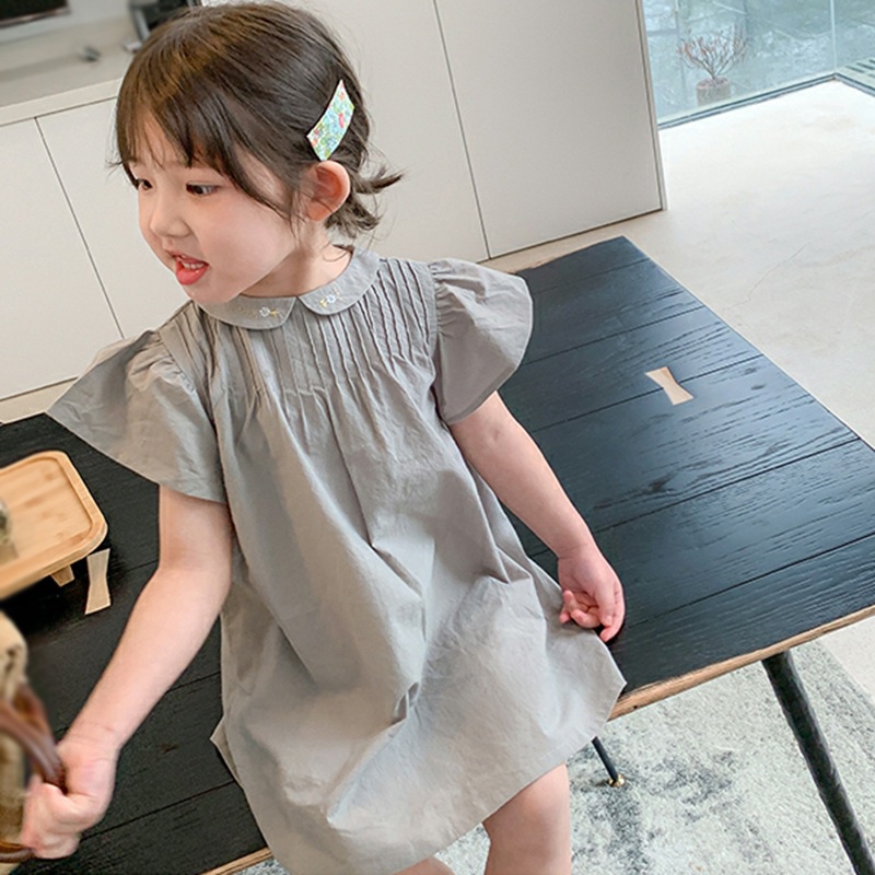 Đầm Công Chúa Xếp Ly Cổ Búp Bê Chất Liệu Cotton Thêu Họa Tiết Phong Cách Hàn Quốc Đơn Giản Dành Cho Bé Gái