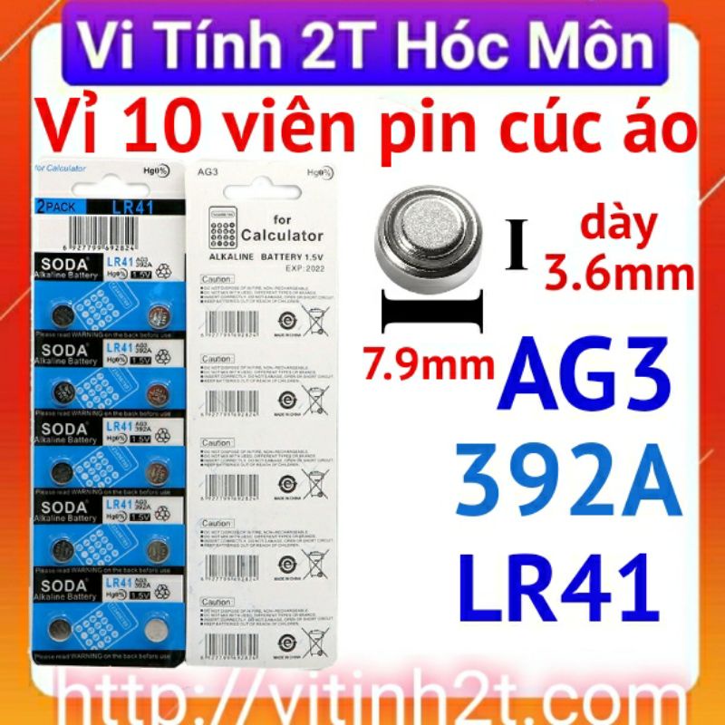 Vỉ 10 viên pin cúc áo Ag3 / LR41H / 392A cho đồng hồ