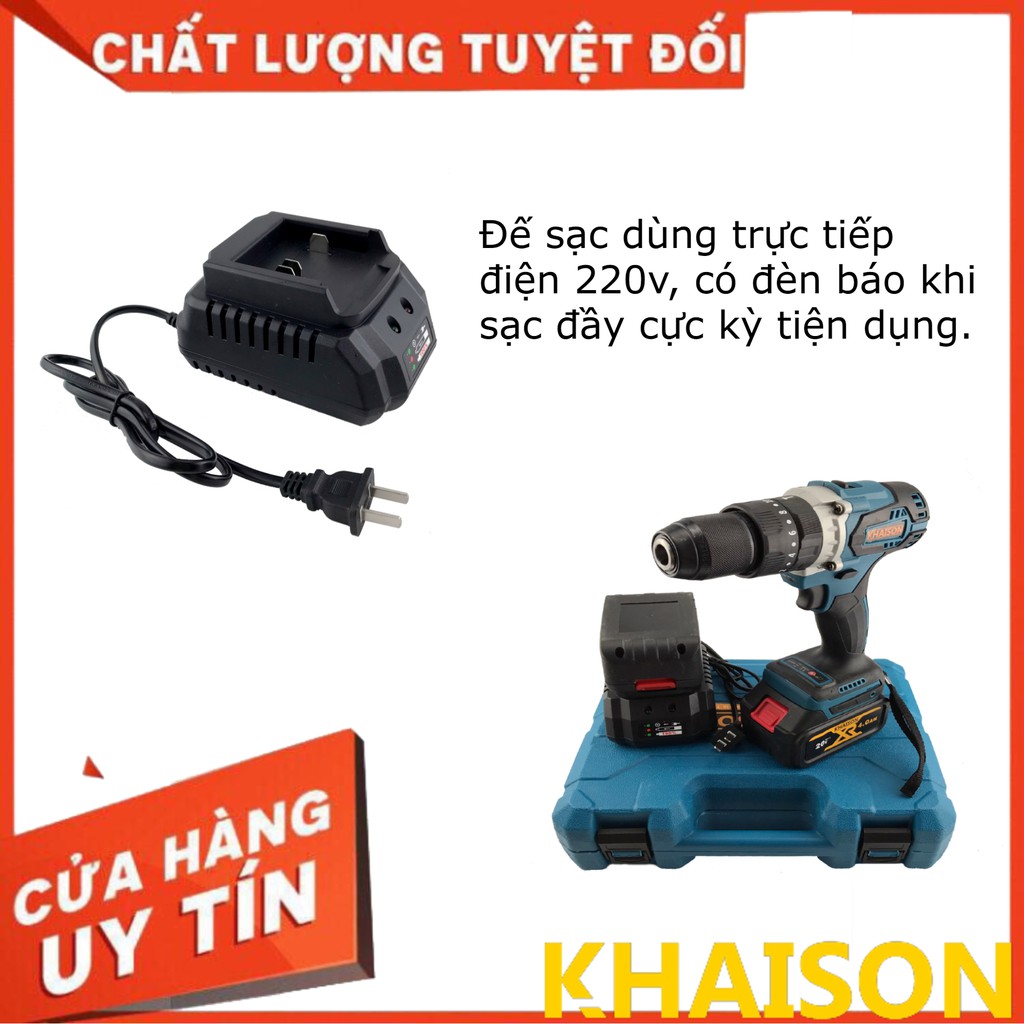 Máy khoan pin 3 chức năng không chổi than đầu 13mm Khaison (màu xanh)