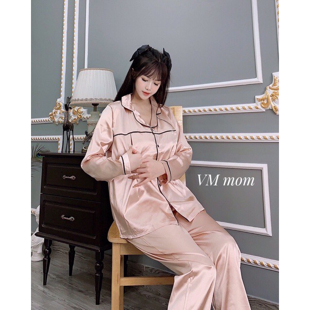 Bộ bầu bộ pijama bầu và sau sinh 2 in1 chất lụa thái cao cấp☘️quần có chun chỉnh☘️cam kết ko nhăn☘️Freesize 43~68k