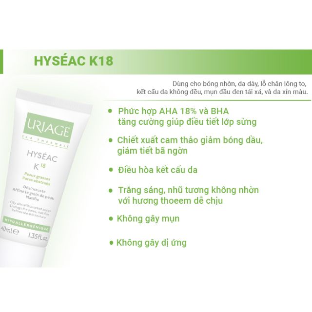 kem hỗ trợ trị mụn cám, mụn đầu đen, giảm nhờn cho da dầu, da -Hyséac K18 40ml - Uriage